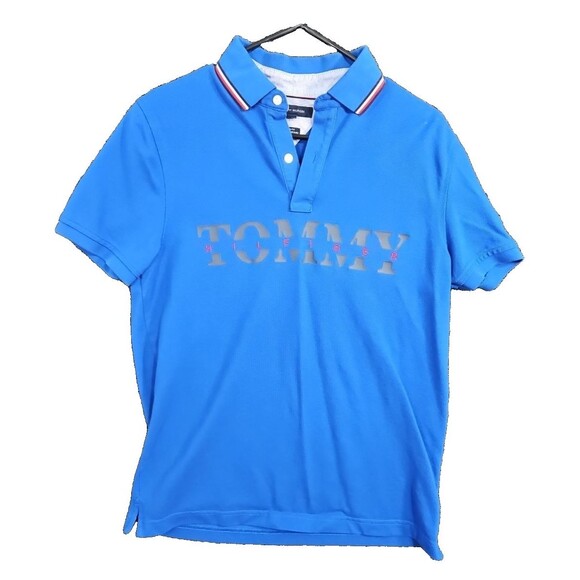Tommy Hilfiger Custom Fit Men's Size M Solid Blue Oversized Logo Mesh Polo Shirt - Picture 1 of 7